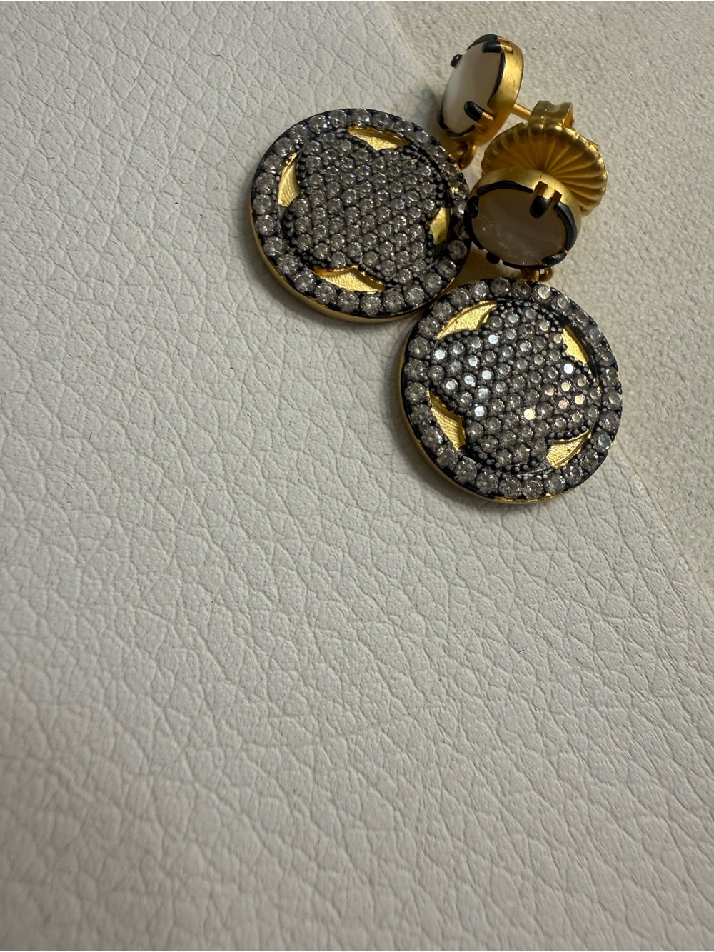 Gold-Tone Drop Earrings with Gray Pave Discs